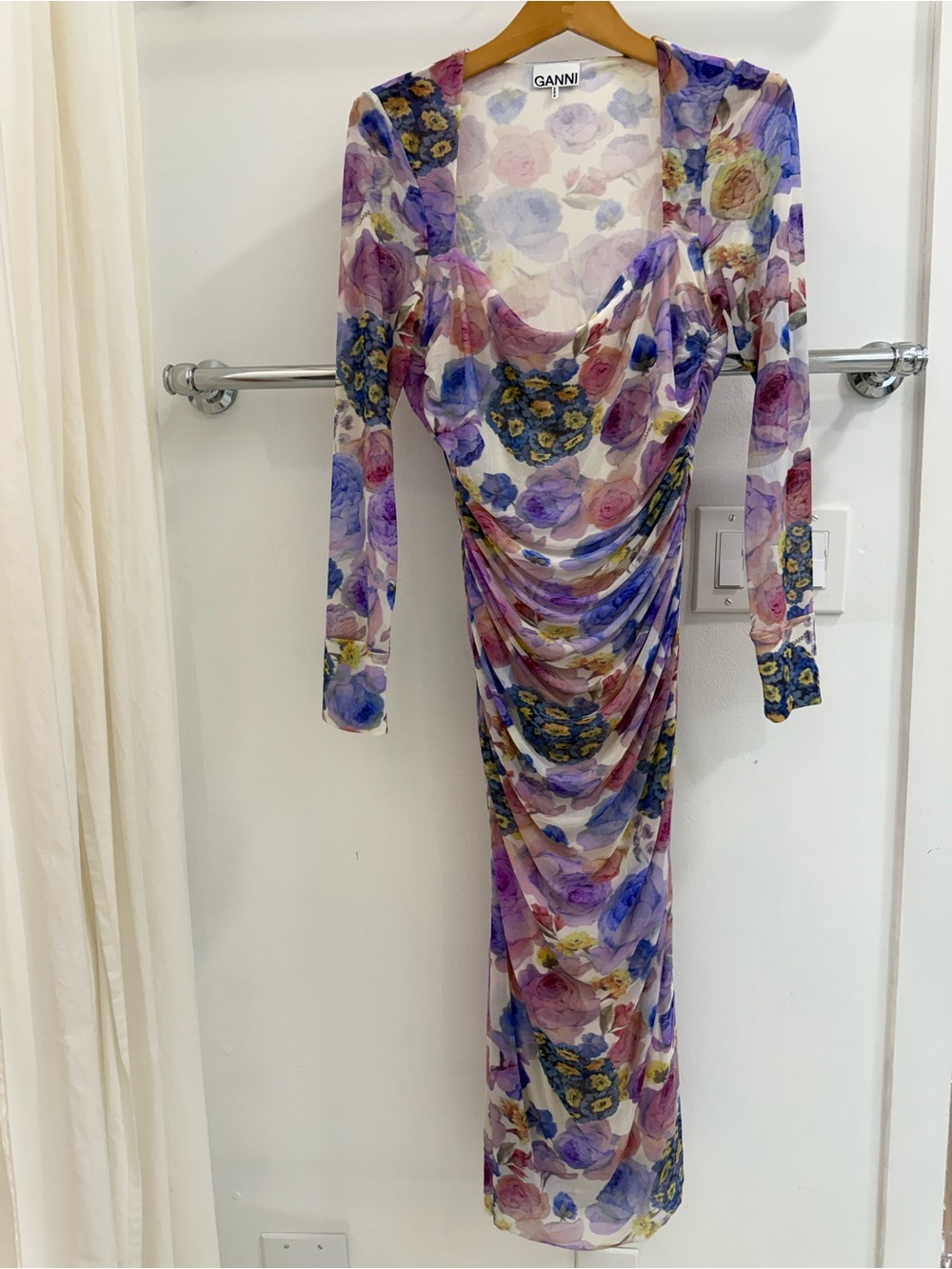 Ganni Purple Floral Sheer Draped Long Sleeve Midi Dress